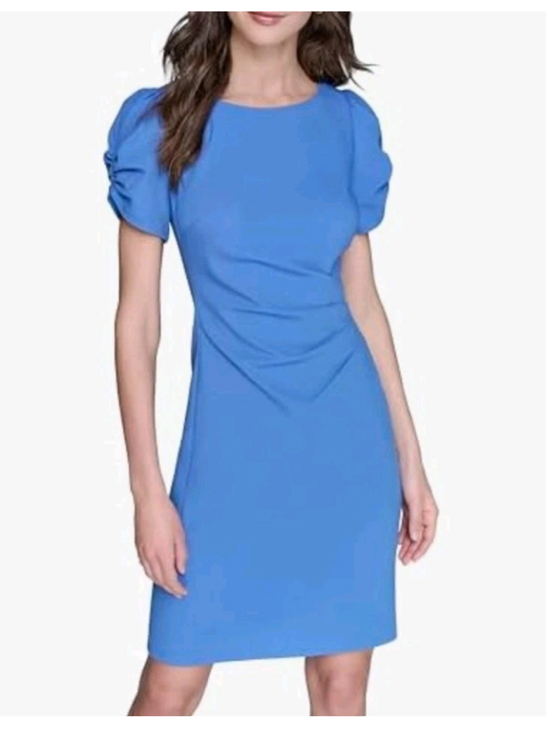 Karl Lagerfeld Womens Short Ruched Sleeve Jewel Blue Neck Sheath Dress Size 12